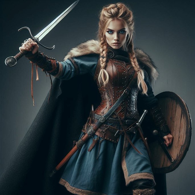 mujer vikinga armada con espada y escudo
