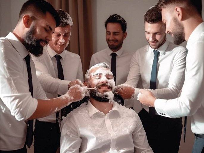El padrino y los amigos del novio le afeitan la barba durante la boda, una tradición de Grecia