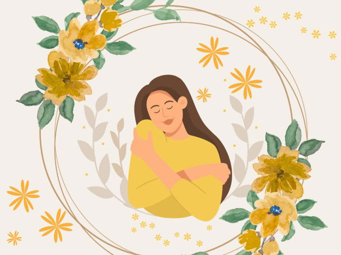 Amor propio: mujer se abraza rodeada de flores amarillas