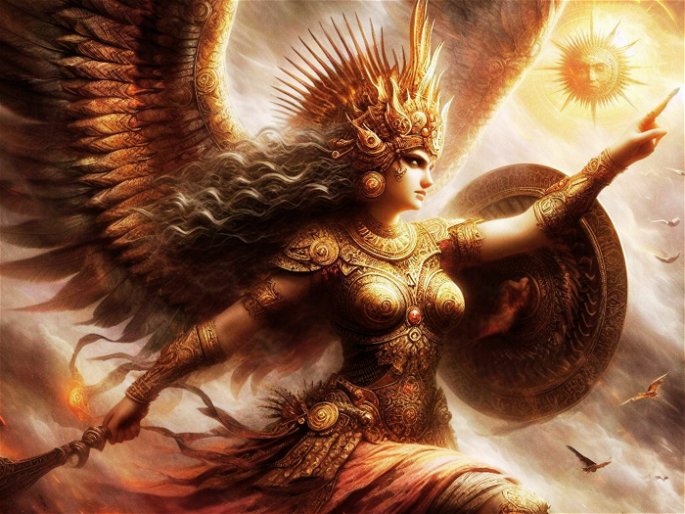 diosa guerrera cananea, alada y armada con coraza y escudo