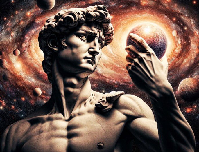 Imagen creada por AI del David de Miguel Ángel sosteniendo un astro con universo de fondo