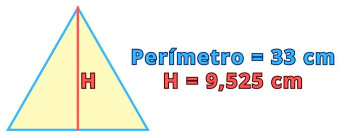 Área de un triángulo equilátero: ejercicio 3, de perímetro 33 cm y altura 9,525 cm