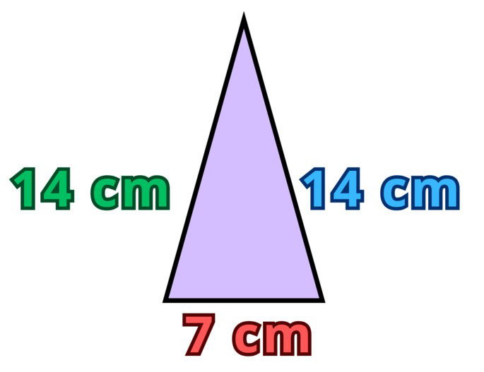 Área de un triángulo: ejercicio 6, con un triángulo cuyos lados son 14, 14 y 7 cm