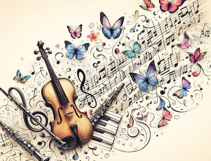 Imagen creada por IA de un pentagrama con notas musicales, flores, mariposas e instrumentos
