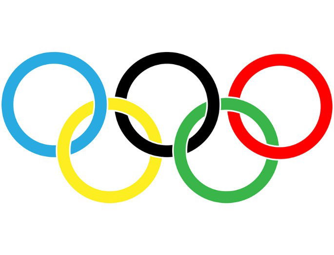 Bandera olímpica, fondo blanco y aros olímpicos (azul, negro, rojo, amarillo, verde)