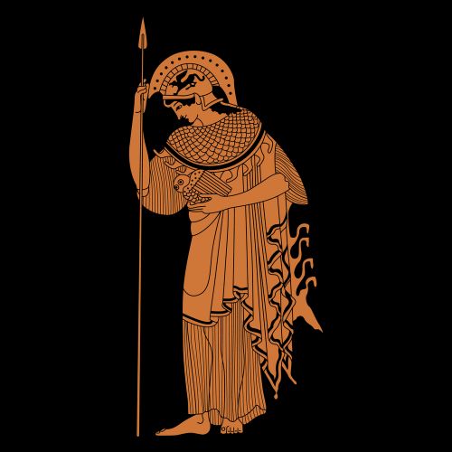 dioses griegos: Atenea pensativa sobre su lanza