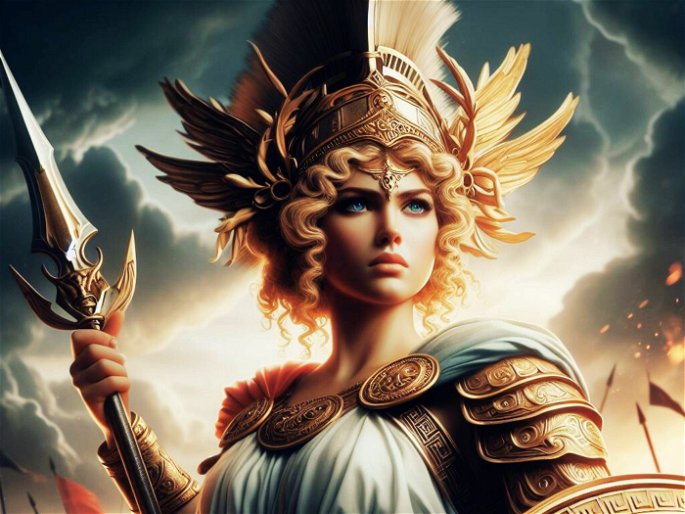 Diosa guerrea Atenea armada con casco, lanza y escudo