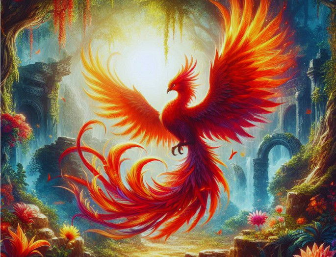 Imagen del ave fénix creada por inteligencia artificial, con colores que asemejan al fuego con ruinas arquitectónicas y vegetación de fondo