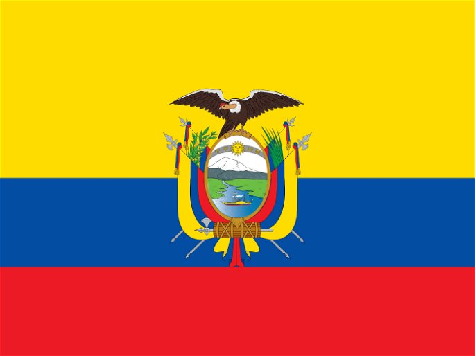 Bandera de Ecuador (franjas horizontales amarilla, azul con escudo y roja)