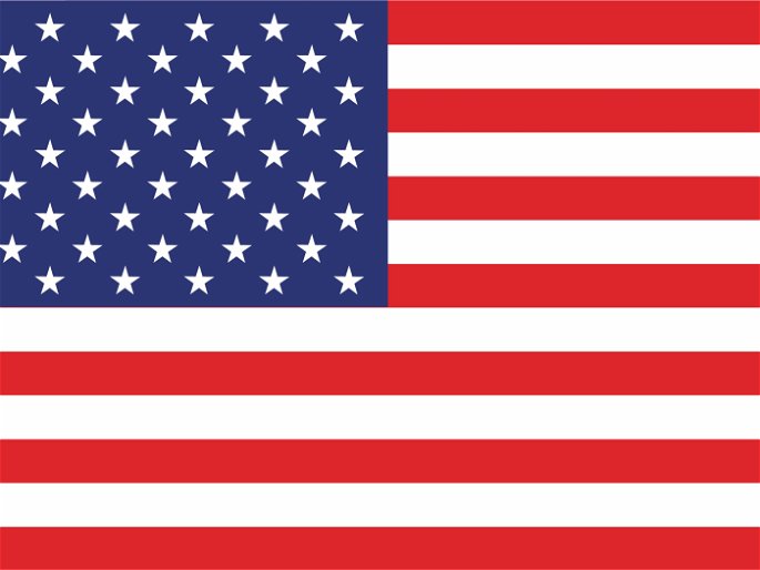 Bandera de Estados Unidos (50 estrellas en fondo azul y 13 barras horizontales blancas y rojas)