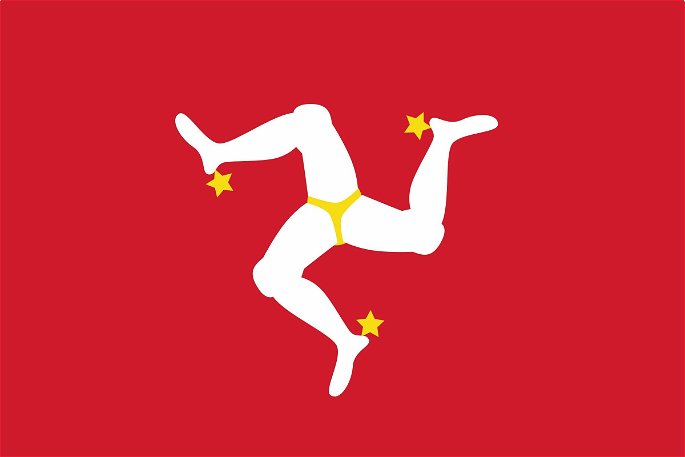 Bandera Isla de Man (fondo rojo y triskel de piernas)