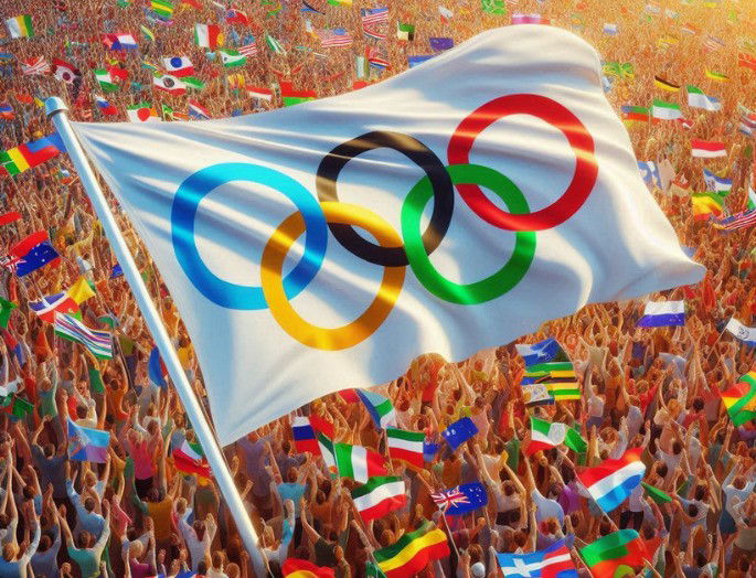 imagen creada por AI de la bandera olímpica sobre una multitud de personas y banderas de fondo