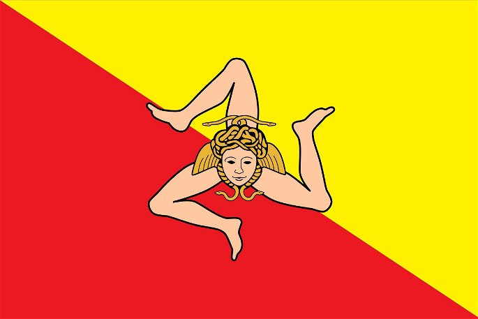 bandera de Sicilia (división diagonal rojo y amarillo), triskel de piernas y gorgona en el medio