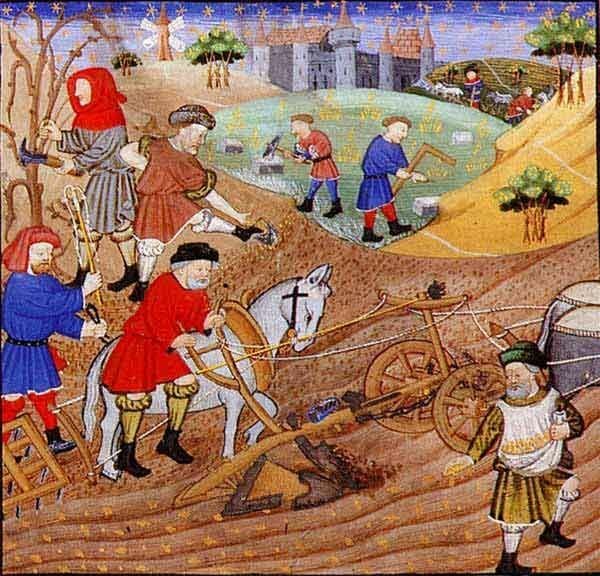 Campesinos medievales trabajan la tierra