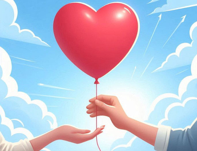 Imagen creada con IA de unas manos entregando un globo con forma de corazón a otras en señal de caridad