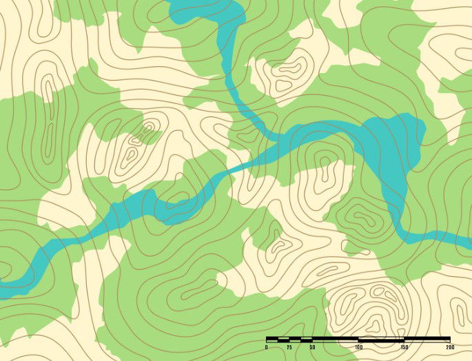 mapa de tipo topográfico que muestra terrenos, desniveles y masa de agua