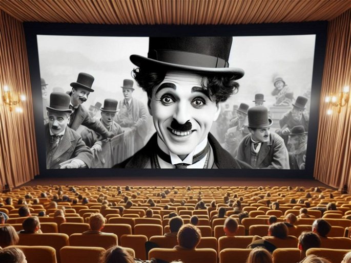 Sala de cine proyectando una película de Charles Chaplin