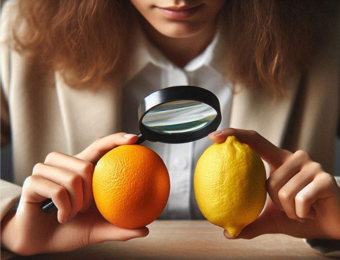 imagen creada con IA de una mujer comparando una naranja con un limón