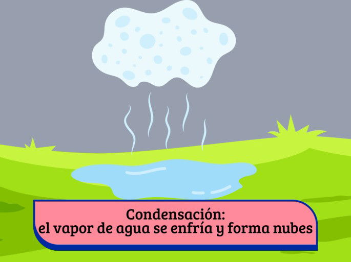 ciclo del agua: condensación (nube sobre lago y campo verde)