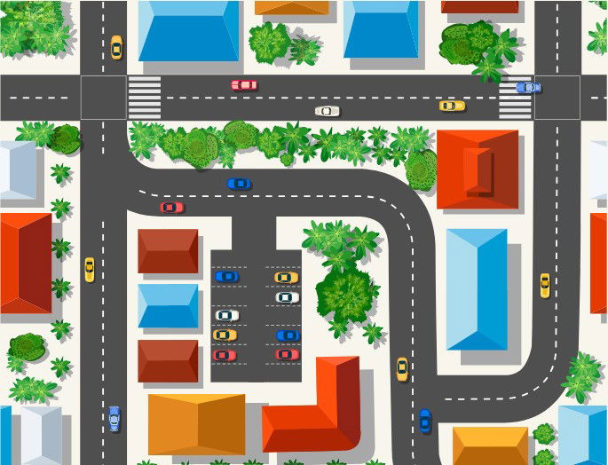 Croquis de un conjunto de calles, con sus intersecciones y puntos de interés.