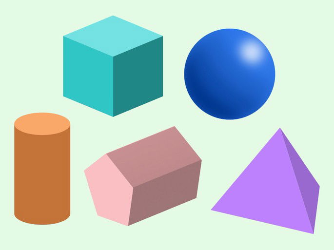 Cinco ejemplos de cuerpos geométricos: el cubo, la esfera, el cilindro, el prisma pentagonal y la pirámide.