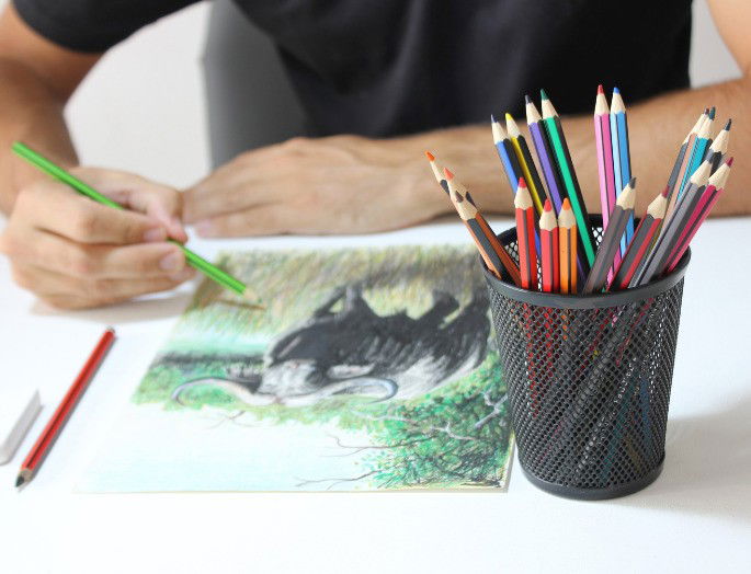 hombre dibujando un animal sobre papel y sobre la mesa lápices de colores