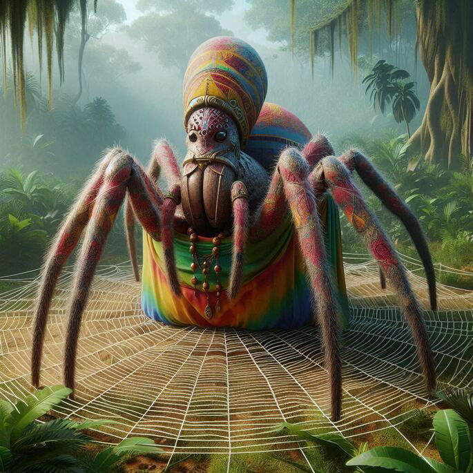 Dios Anansi con tela en la selva