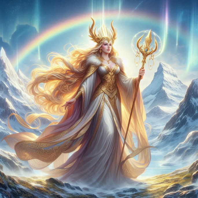 Diosa Freya sobre fondo con arco iris (mitología nórdica)