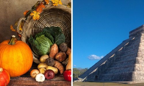 equinoccio de otoño: frutos de la cosecha y pirámide de Chichén Itzá