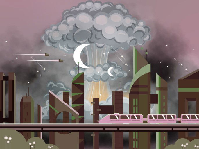 distopía: ciudad envuelta en oscuridad y nubes negras