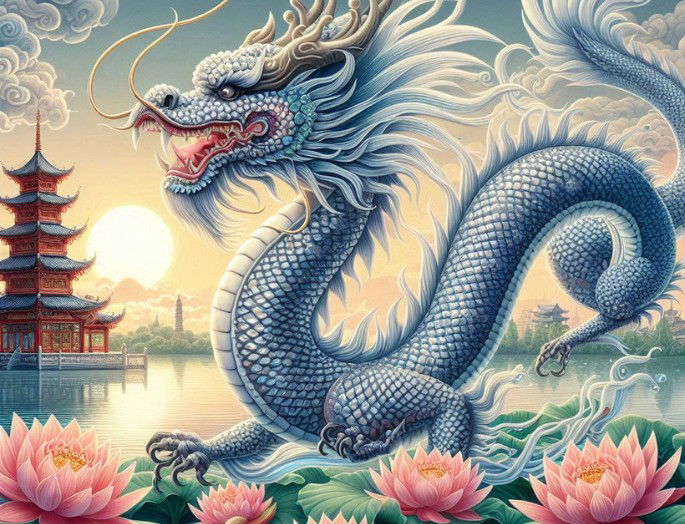 Imagen creada por AI de un dragón propio de la cultura oriental, con templo, un lago con flores de loto y el sol naciente