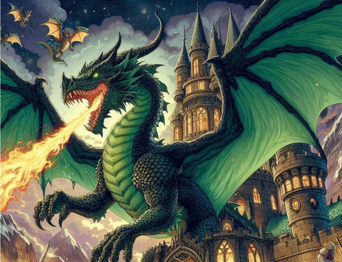 dragón escupiendo fuego creado por inteligencia artificial, con castillo medieval de fondo, cielo nocturno y oreos dragones volando