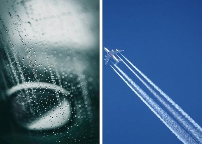 Condensación en el vidrio de un coche y estelas en el cielo emitidas por una aeronave