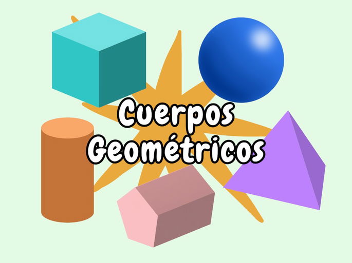 Cinco ejemplos de cuerpos geométricos: el cubo, la esfera, el cilindro, el prisma pentagonal y la pirámide.