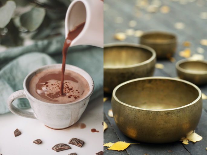 Dos ejemplos de mezclas homogéneas: chocolate caliente y bronce, una aleación.