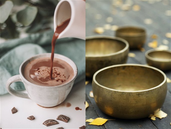 Dos ejemplos de mezclas homogéneas: chocolate caliente y bronce, una aleación.