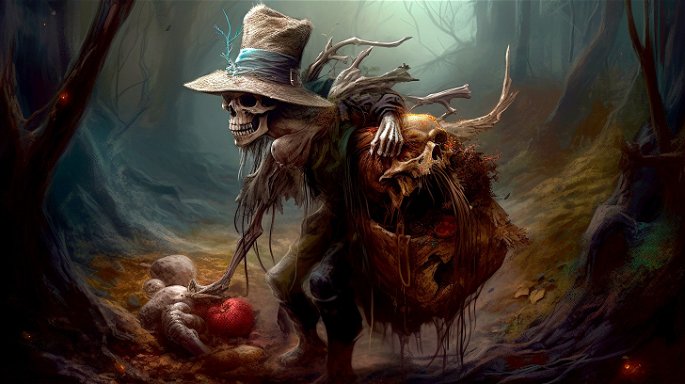 Esqueleto cargando con un saco de huesos