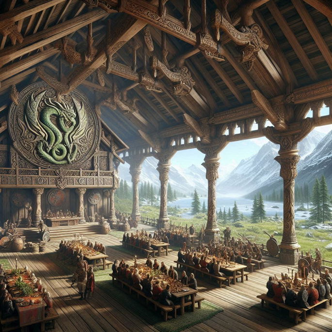 Valhalla, salón donde van los guerreros nórdicos caídos en batalla, con findo de bosque, lago y montaña