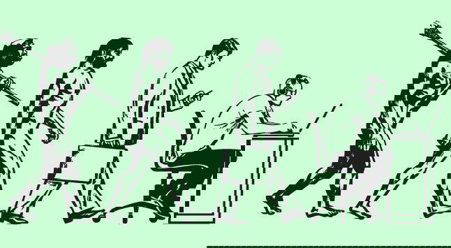 el hombre en diferentes etapas de evolución, desde la edad de piedra hasta la actualidad, con fondo verde manzana