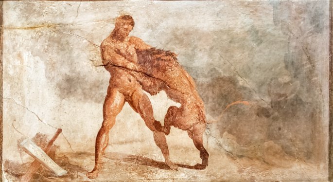 Fresco de Pompeya: Hércules y el león de Nemea