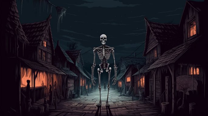 Esqueleto gigante merodeando de noche entre las casas