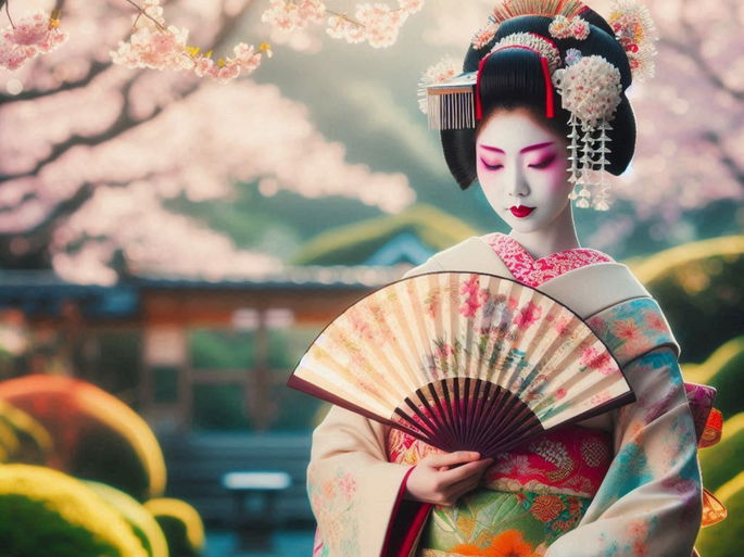 Geisha con traje tradicional y abanico en mano derecha_generada por IA