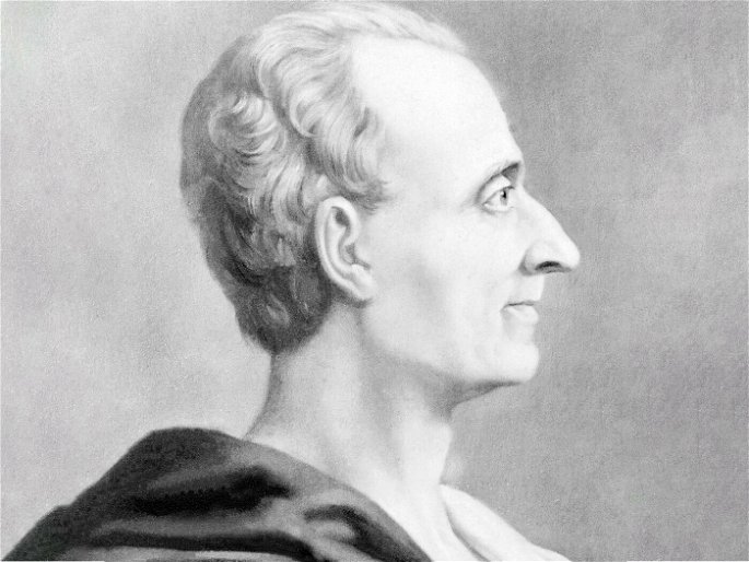Grabado con la imagen de Montesquieu en tonos grises