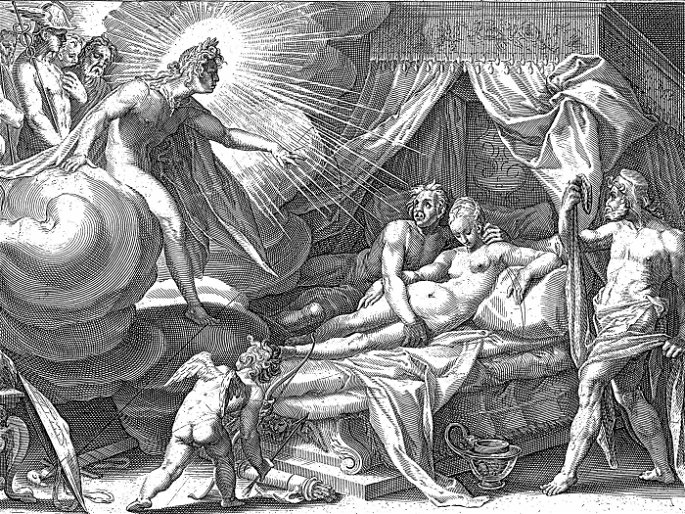 Ares y Afrodita presos en la red ante la mirada de los demás dioses