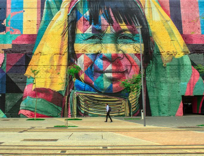 Grafiti de grandes dimensiones, en diferentes colores y mostrando el rostro de una mujer indígena.