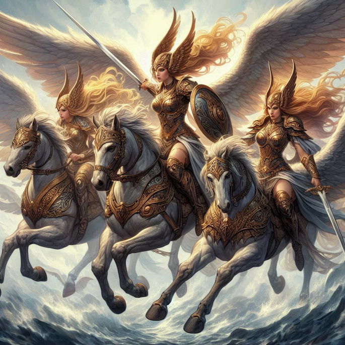 Grupo de Valkirias (guerreras nórdicas) cabalgando
