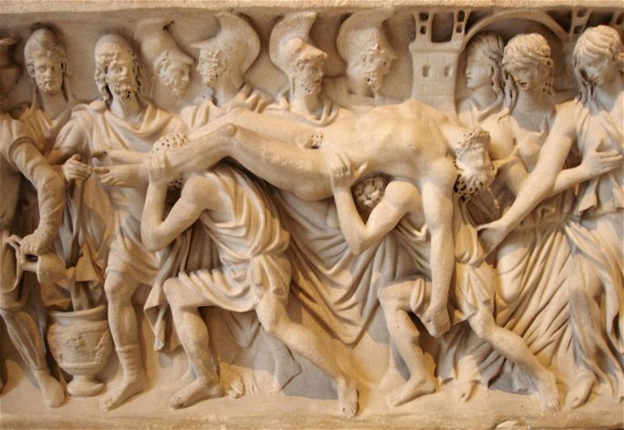 Representación en un sarcófago romano de una escena del canto XXIV de La Ilíada: el cuerpo de Héctor es llevado a Troya.