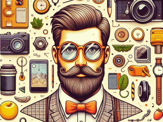 Representación creada con AI de un hipster, con barba, gafas, atuendo vintage y fondo de objetos variados