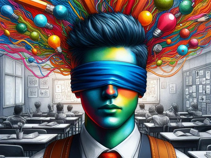 Muchacho con ojos vendados y fondo escolar con bombillas de colores simulando diversidad de ideas