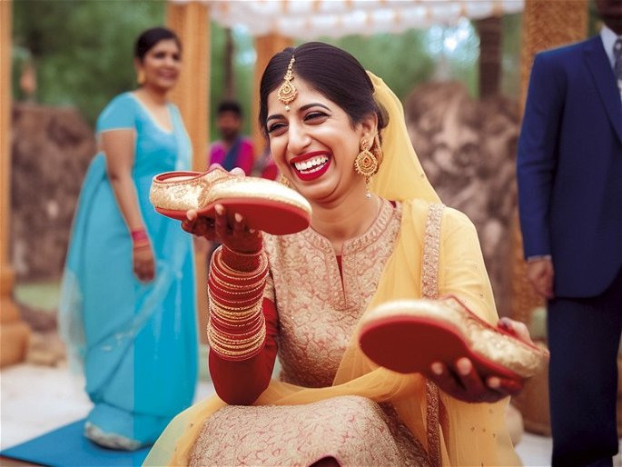Novia hindú riendo con un par de zapatos en la mano
